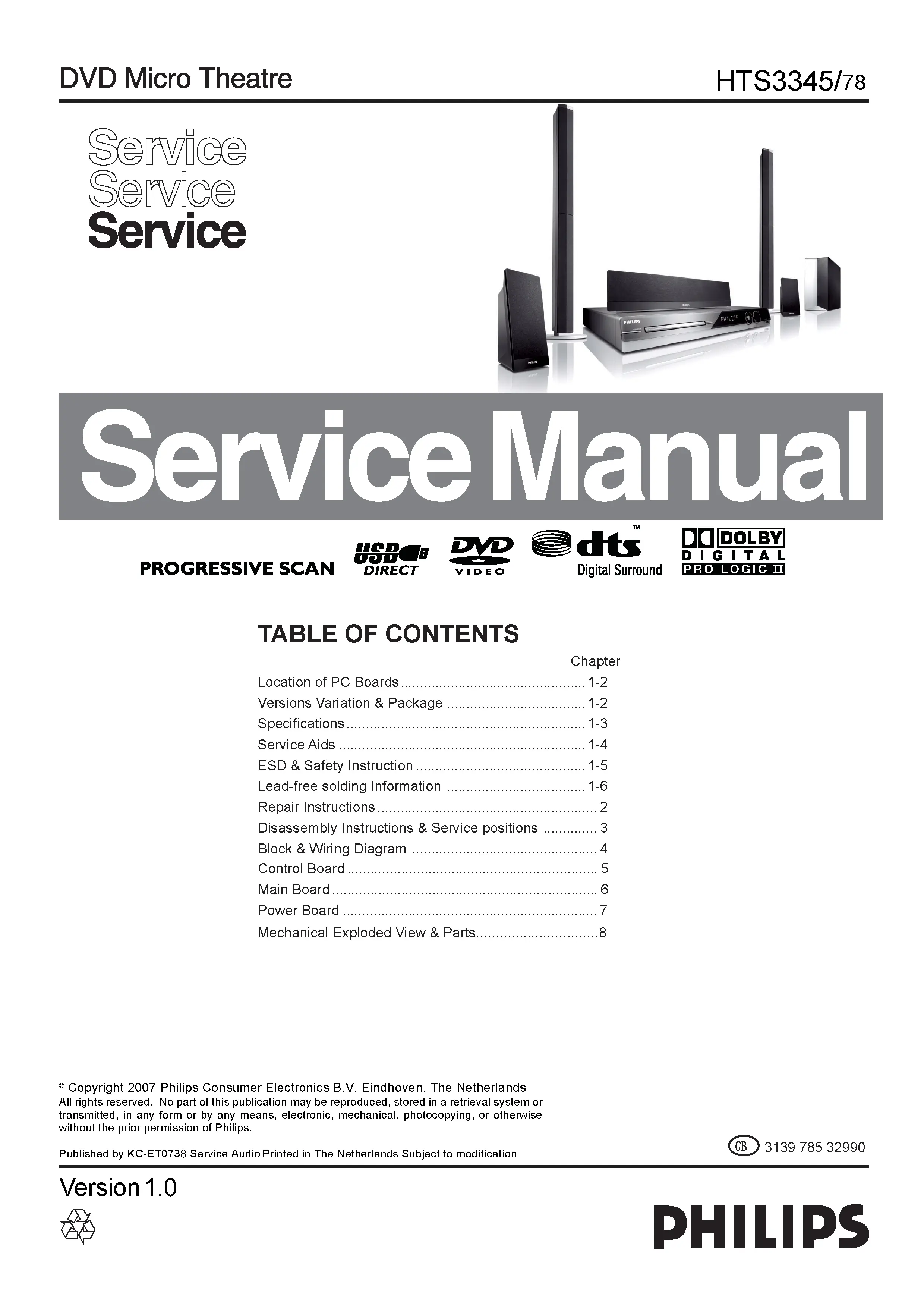 Philips hts3345 service manual cover with picture of the device, model type and number, table of contents, manual version and publication year.