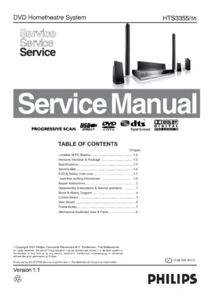 Philips hts3355 service manual cover with picture of the device, model type and number, table of contents, manual version and publication year.