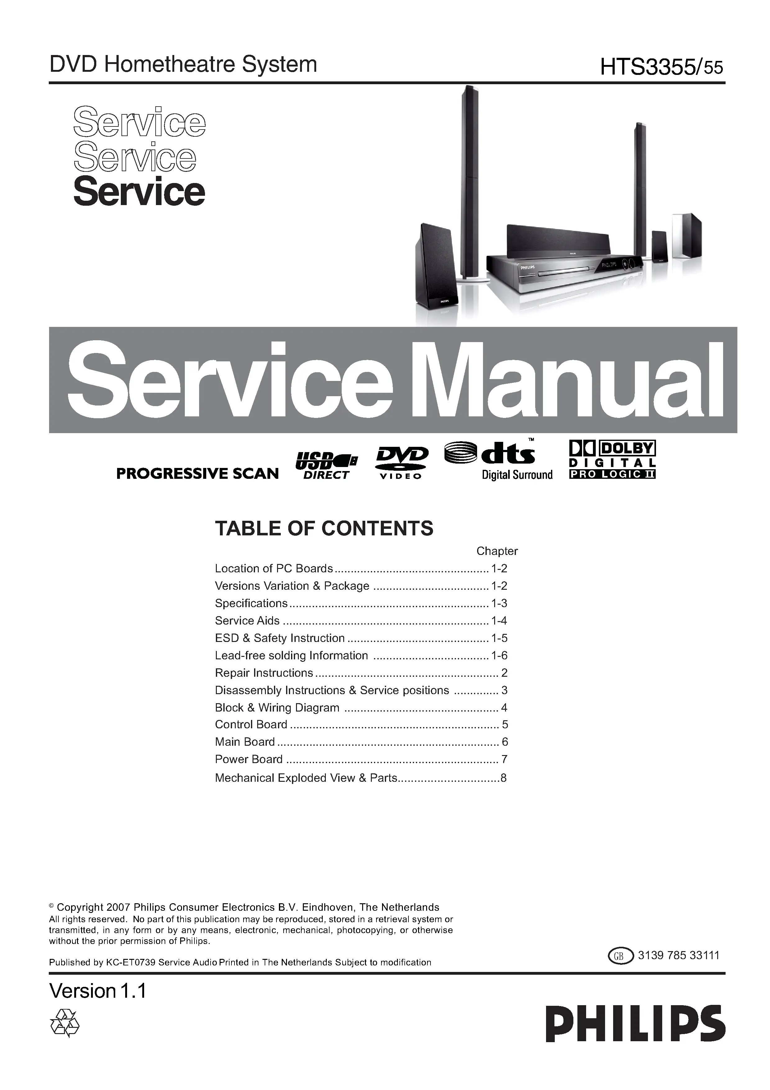 Philips hts3355 service manual cover with picture of the device, model type and number, table of contents, manual version and publication year.