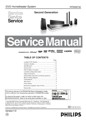 Philips hts3357 service manual cover with picture of the device, model type and number, table of contents, manual version and publication year.