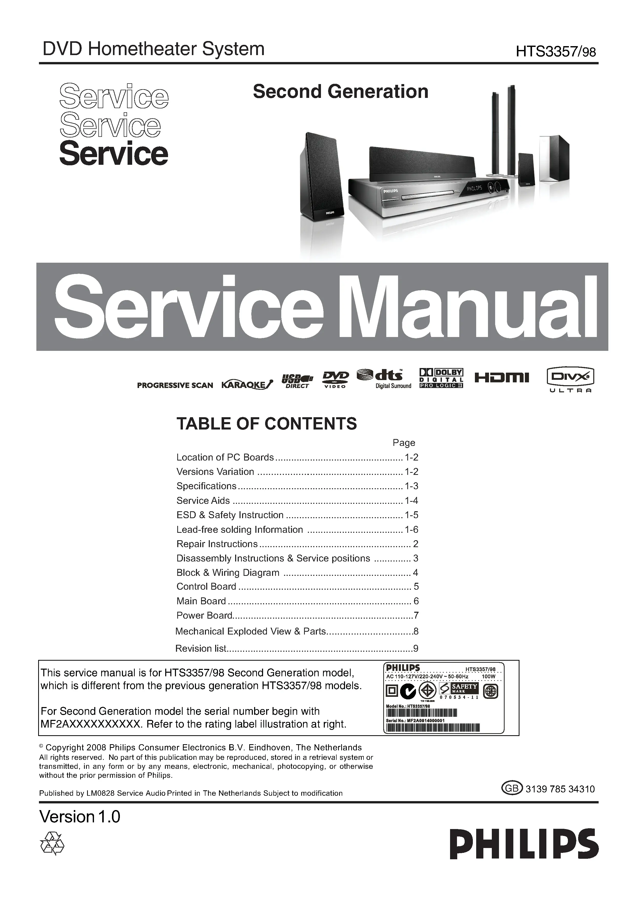 Philips hts3357 service manual cover with picture of the device, model type and number, table of contents, manual version and publication year.