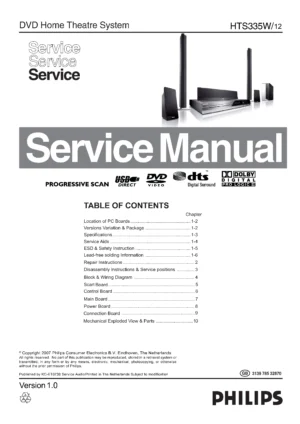 Philips hts335w service manual cover with picture of the device, model type and number, table of contents, manual version and publication year.