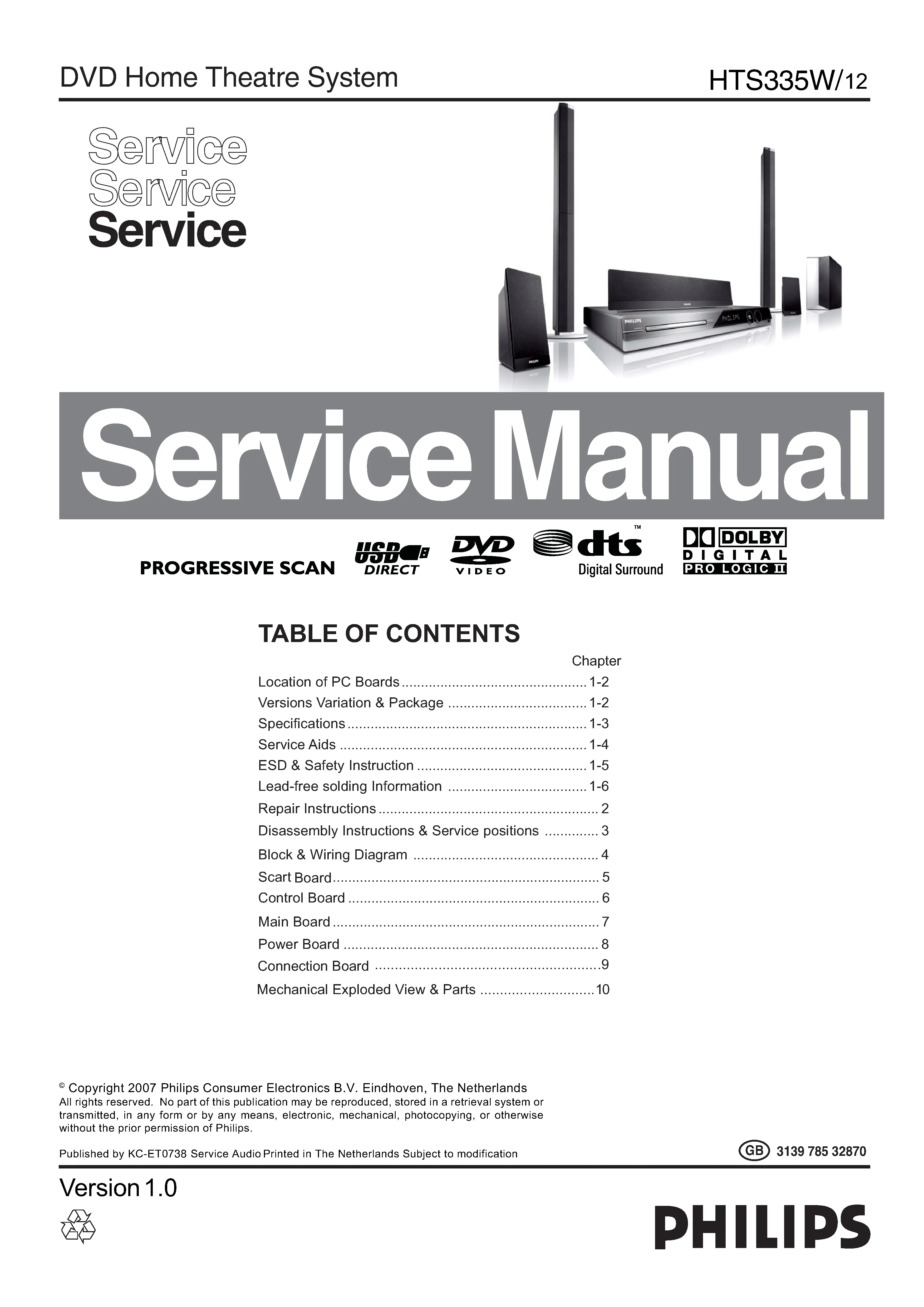 Philips hts335w service manual cover with picture of the device, model type and number, table of contents, manual version and publication year.