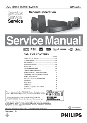 Philips hts3365 service manual cover with picture of the device, model type and number, table of contents, manual version and publication year.