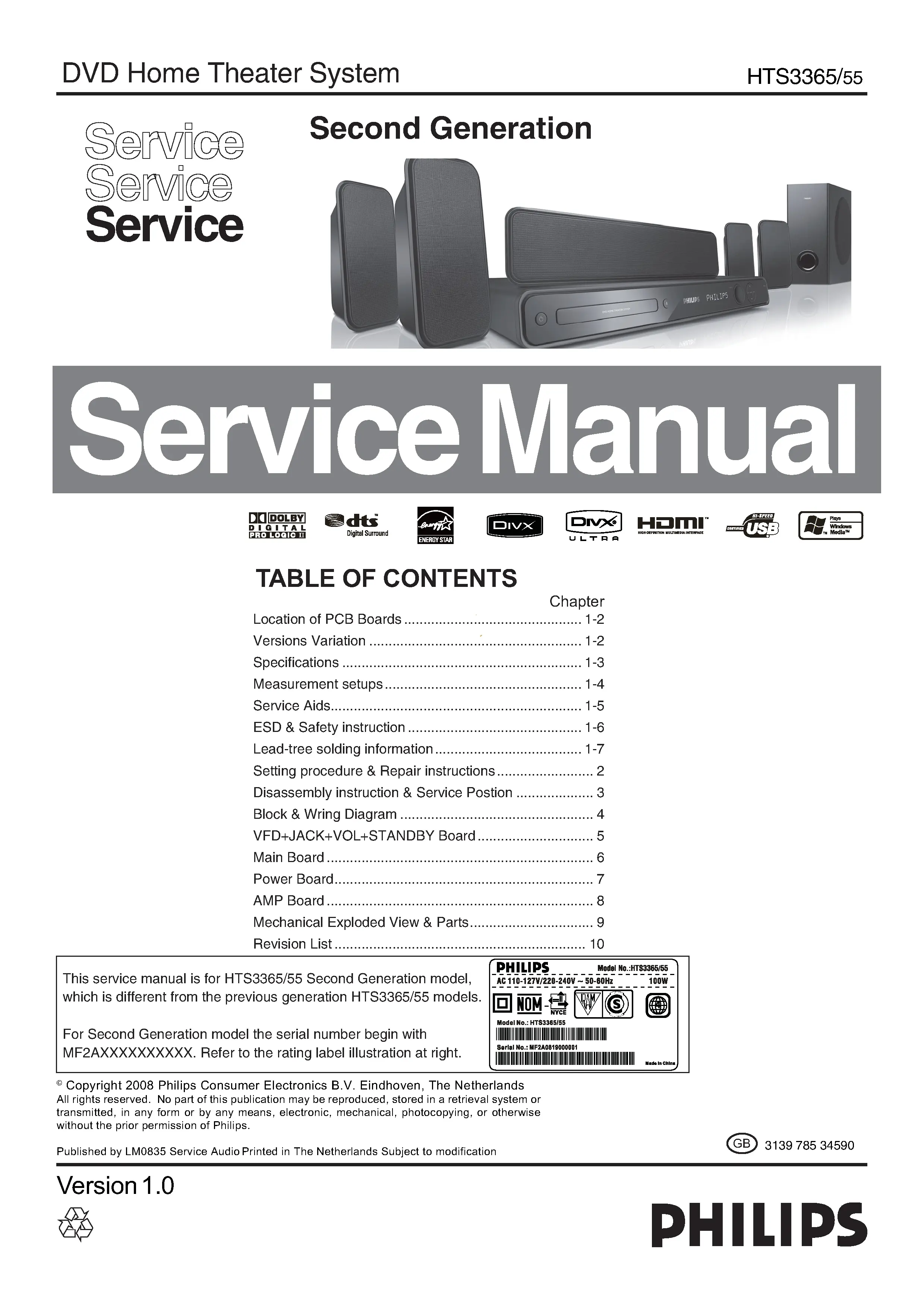 Philips hts3365 service manual cover with picture of the device, model type and number, table of contents, manual version and publication year.