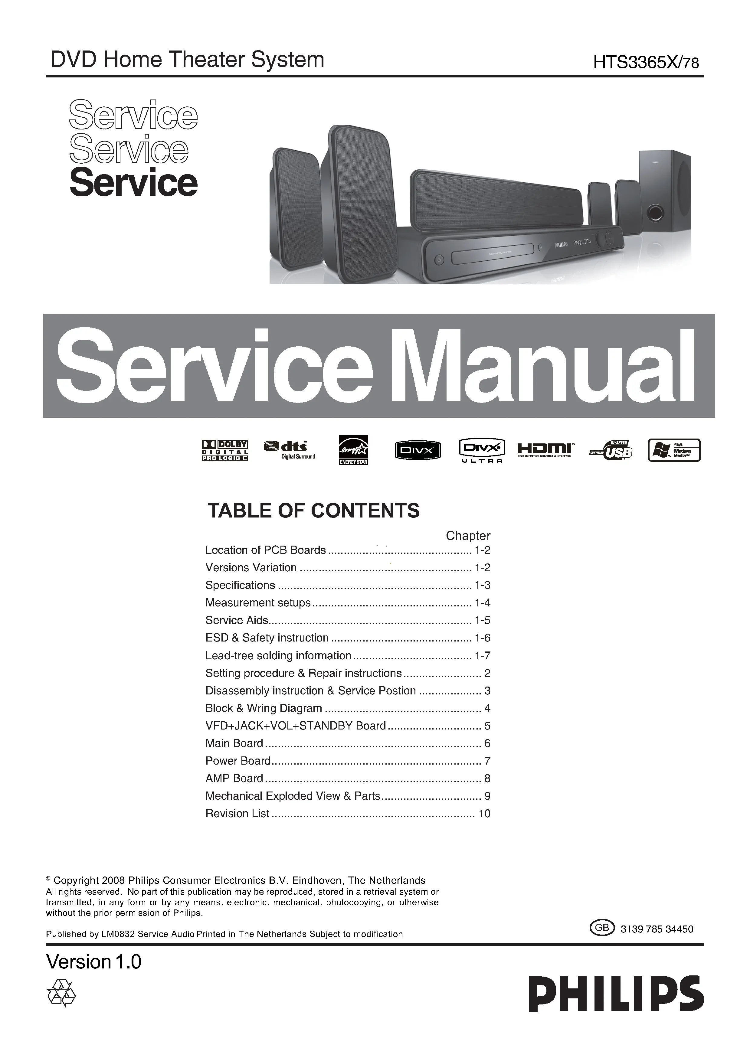 Philips hts3365x service manual cover with picture of the device, model type and number, table of contents, manual version and publication year.