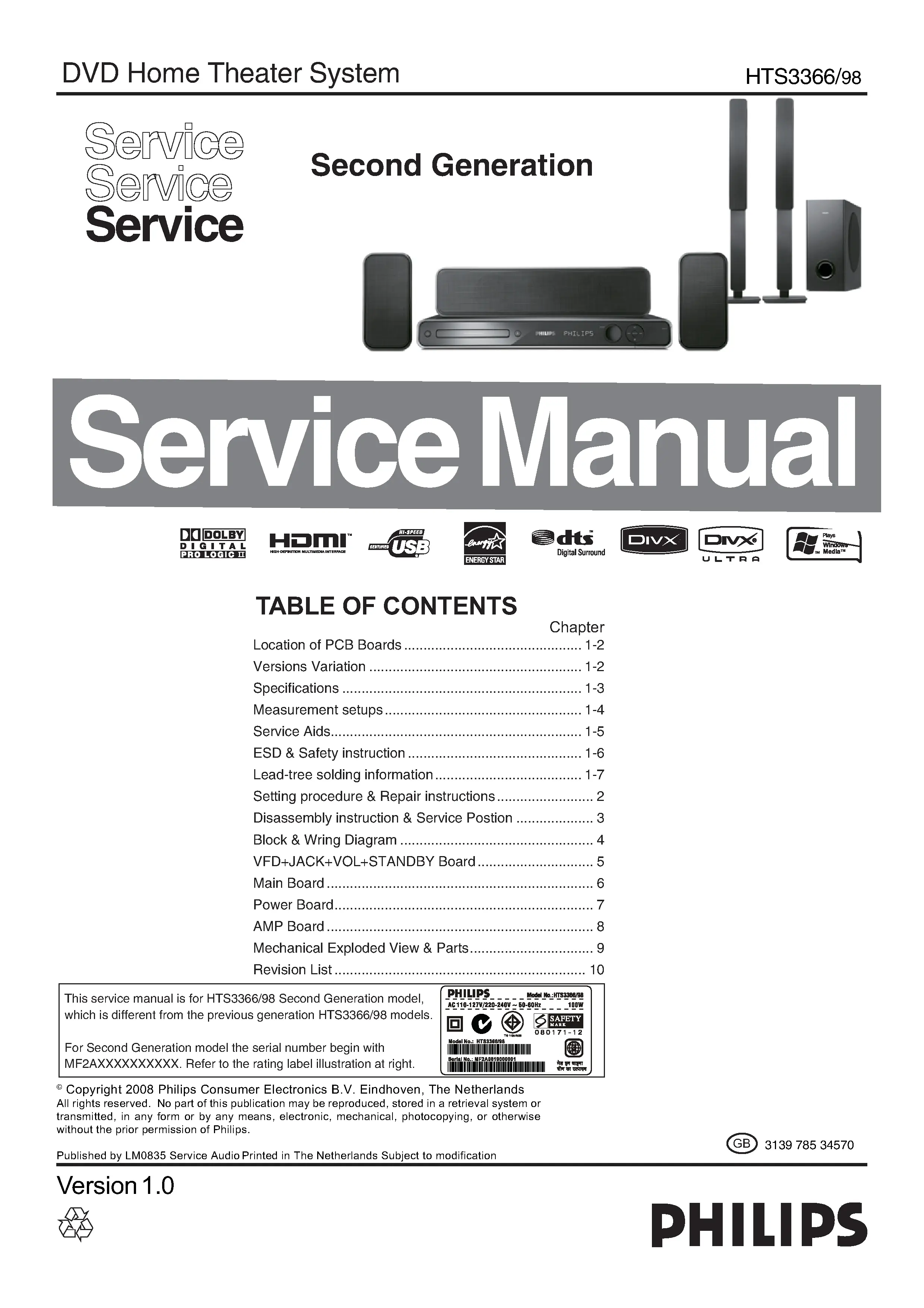Philips hts3366 service manual cover with picture of the device, model type and number, table of contents, manual version and publication year.