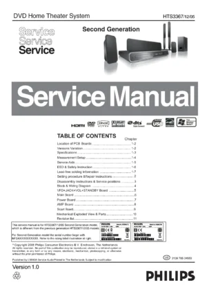 Philips hts3367 service manual cover with picture of the device, model type and number, table of contents, manual version and publication year.