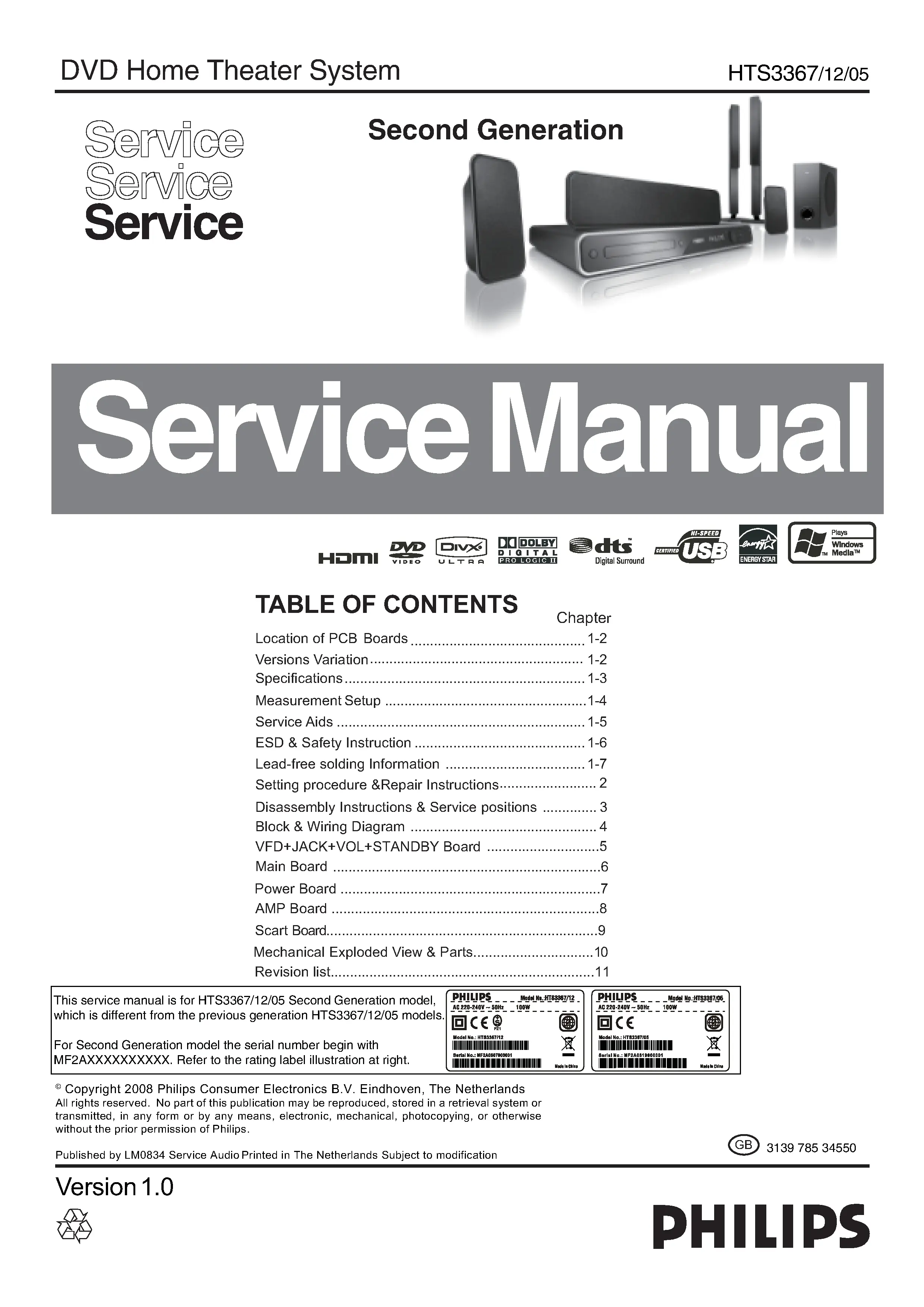 Philips hts3367 service manual cover with picture of the device, model type and number, table of contents, manual version and publication year.