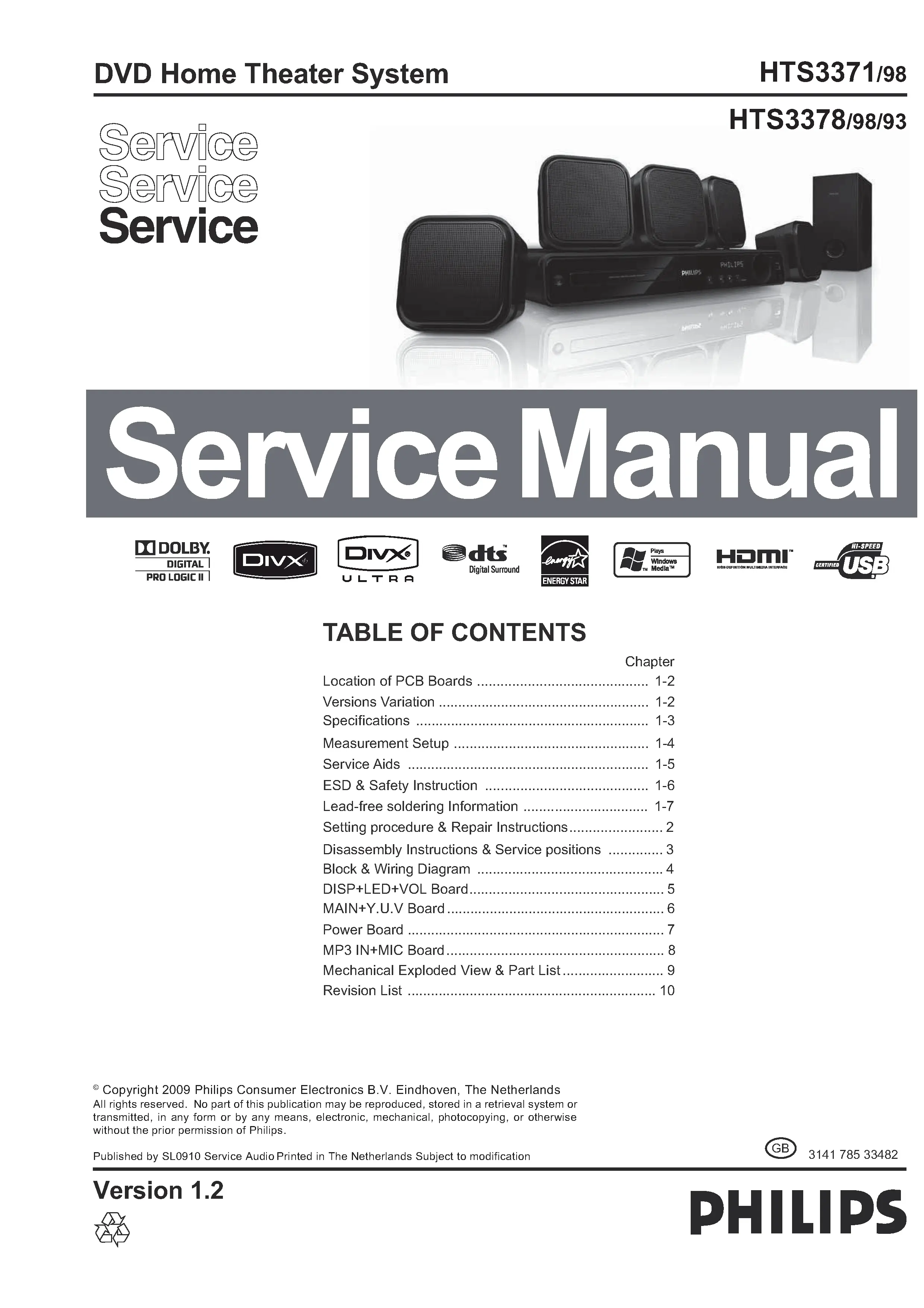 Philips hts3371 service manual cover with picture of the device, model type and number, table of contents, manual version and publication year.