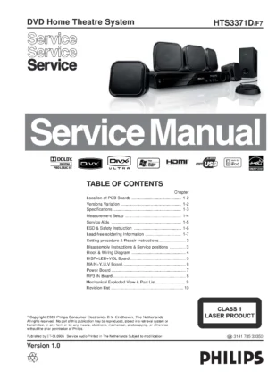 Philips hts3371d service manual cover with picture of the device, model type and number, table of contents, manual version and publication year.