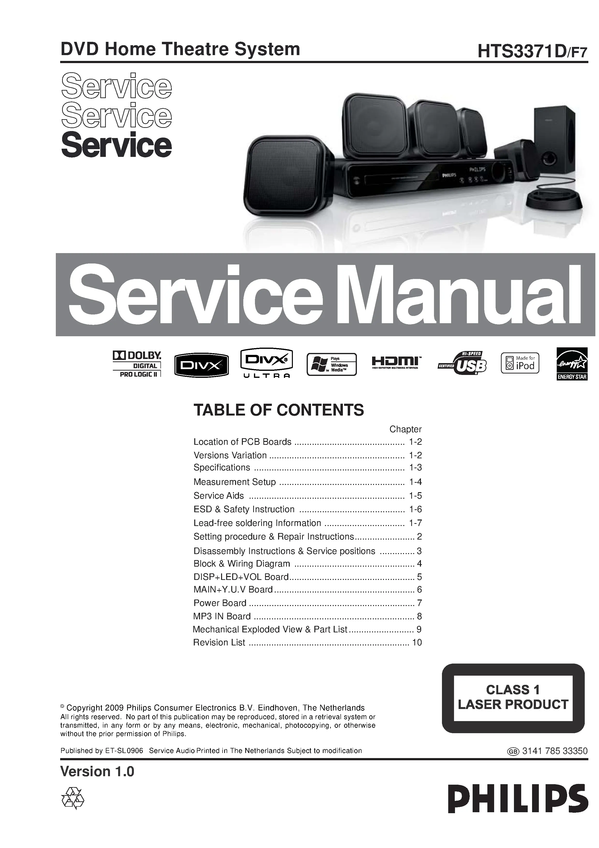 Philips hts3371d service manual cover with picture of the device, model type and number, table of contents, manual version and publication year.
