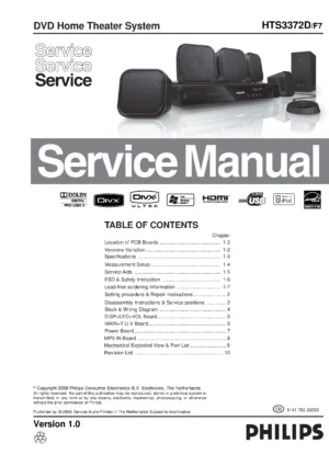 Philips hts3372d service manual cover with picture of the device, model type and number, table of contents, manual version and publication year.