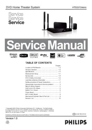 Philips hts3373 service manual cover with picture of the device, model type and number, table of contents, manual version and publication year.