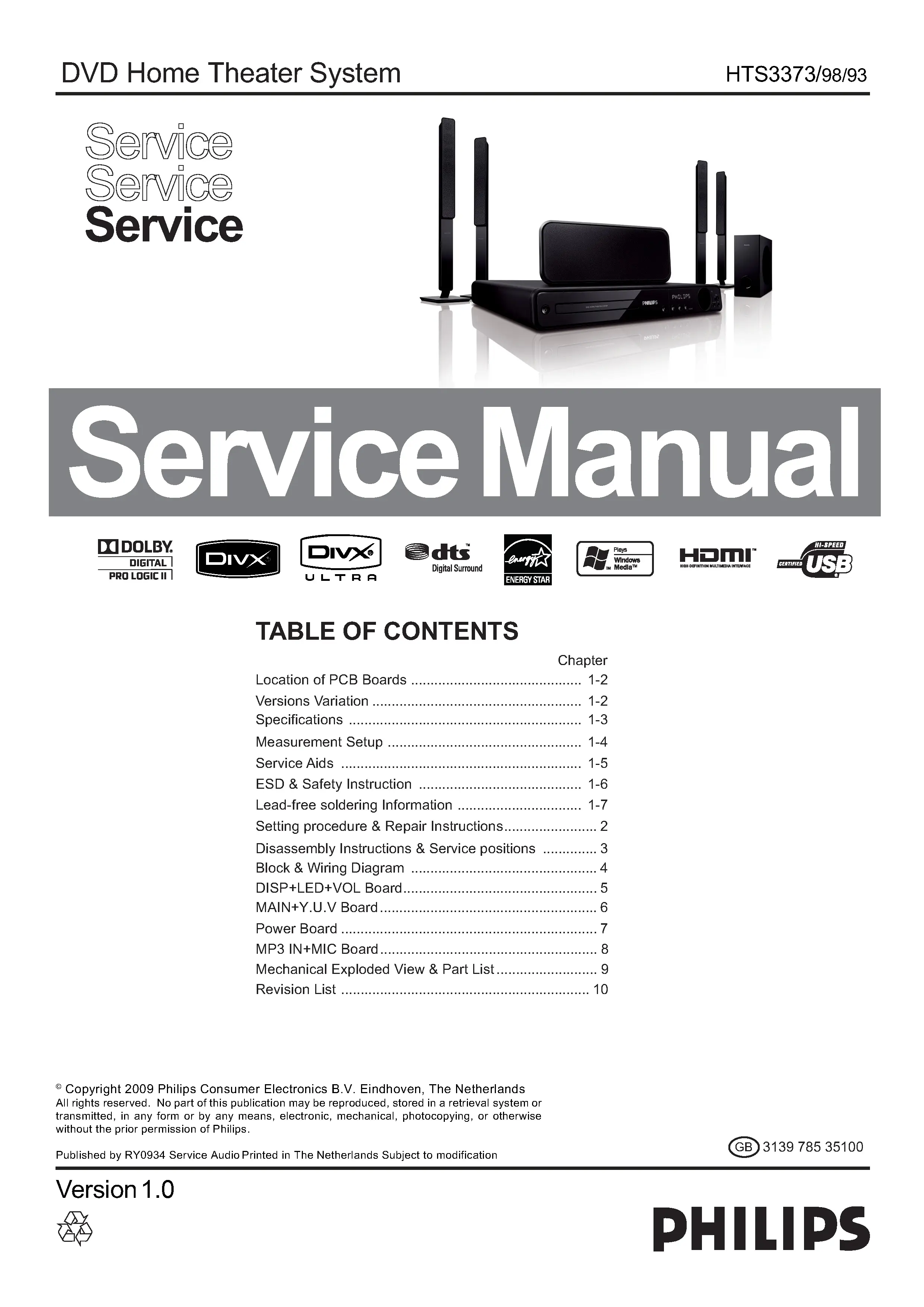 Philips hts3373 service manual cover with picture of the device, model type and number, table of contents, manual version and publication year.