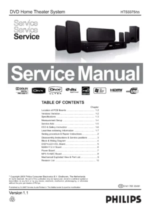 Philips hts3375 service manual cover with picture of the device, model type and number, table of contents, manual version and publication year.