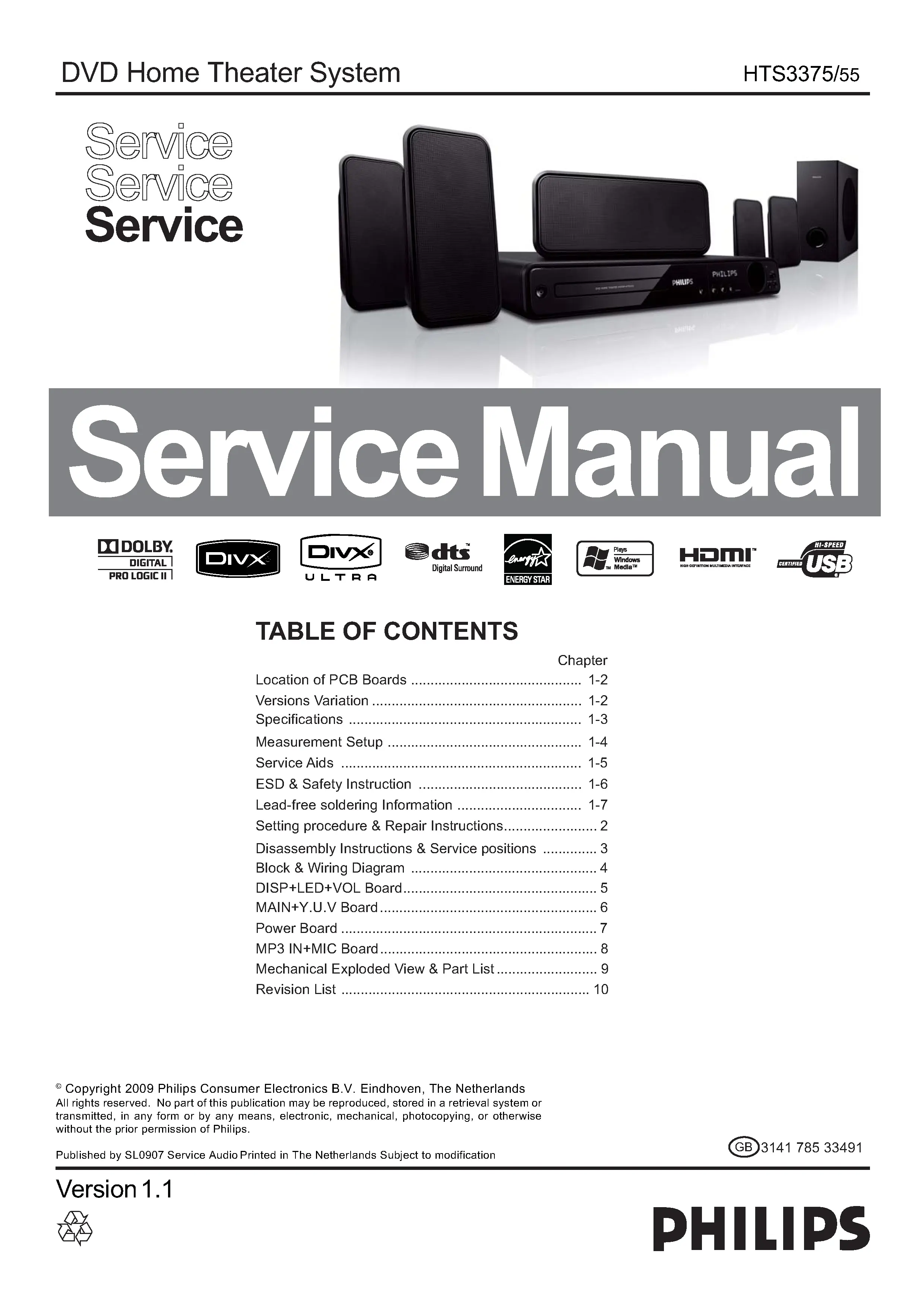 Philips hts3375 service manual cover with picture of the device, model type and number, table of contents, manual version and publication year.