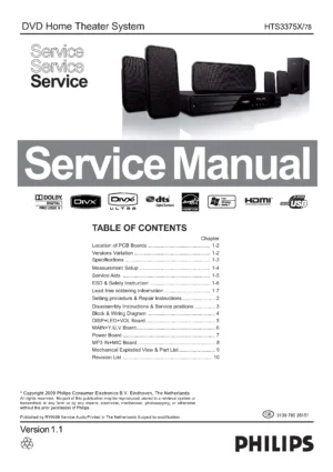 Philips hts3375x service manual cover with picture of the device, model type and number, table of contents, manual version and publication year.
