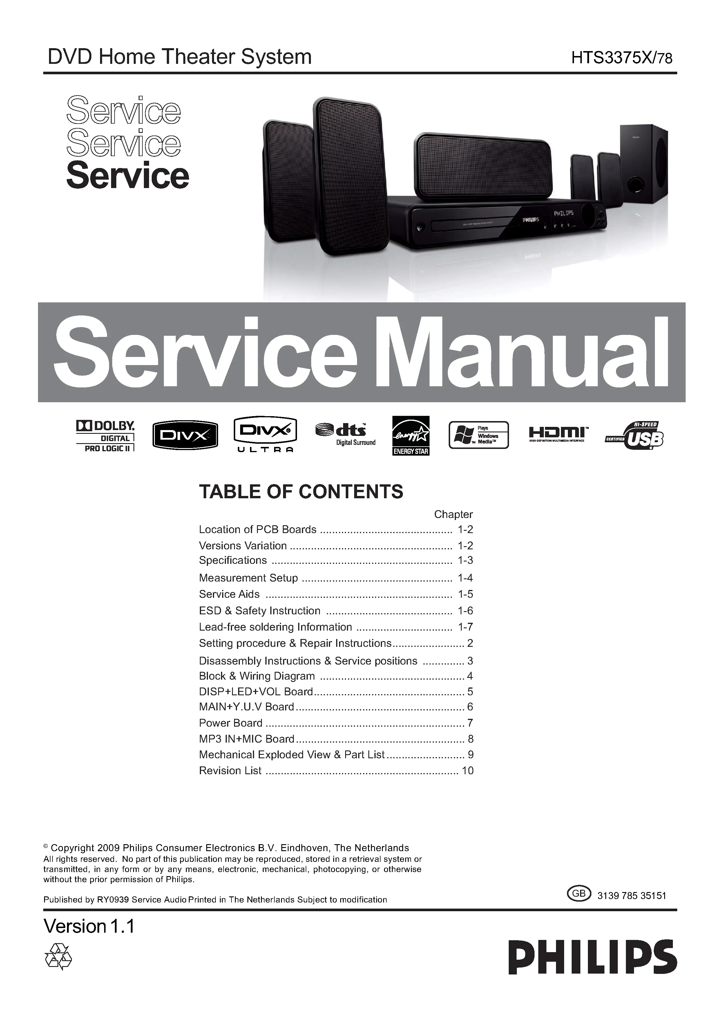 Philips hts3375x service manual cover with picture of the device, model type and number, table of contents, manual version and publication year.