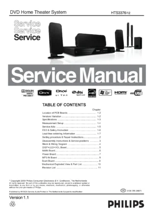 Philips hts3376 service manual cover with picture of the device, model type and number, table of contents, manual version and publication year.