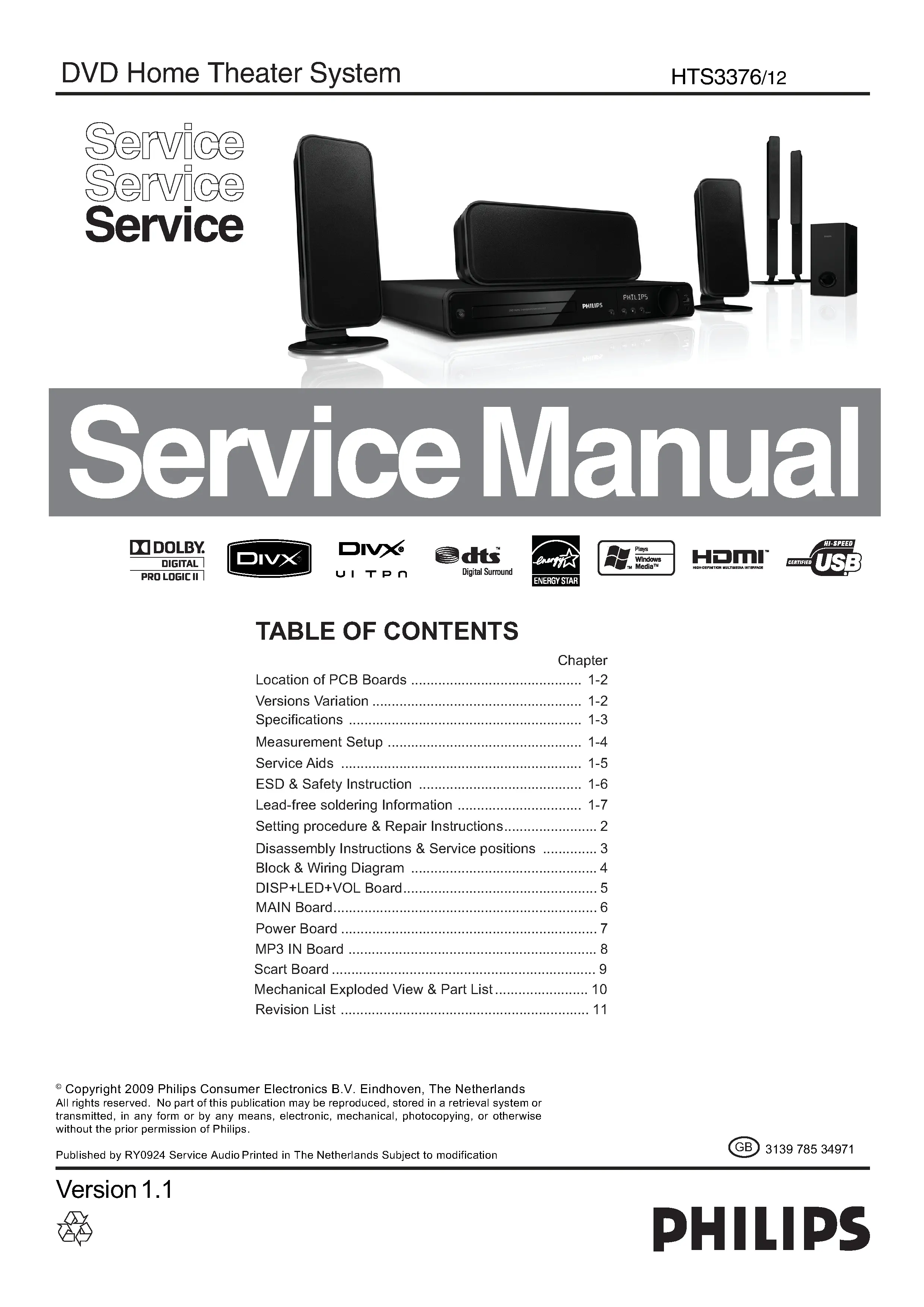 Philips hts3376 service manual cover with picture of the device, model type and number, table of contents, manual version and publication year.