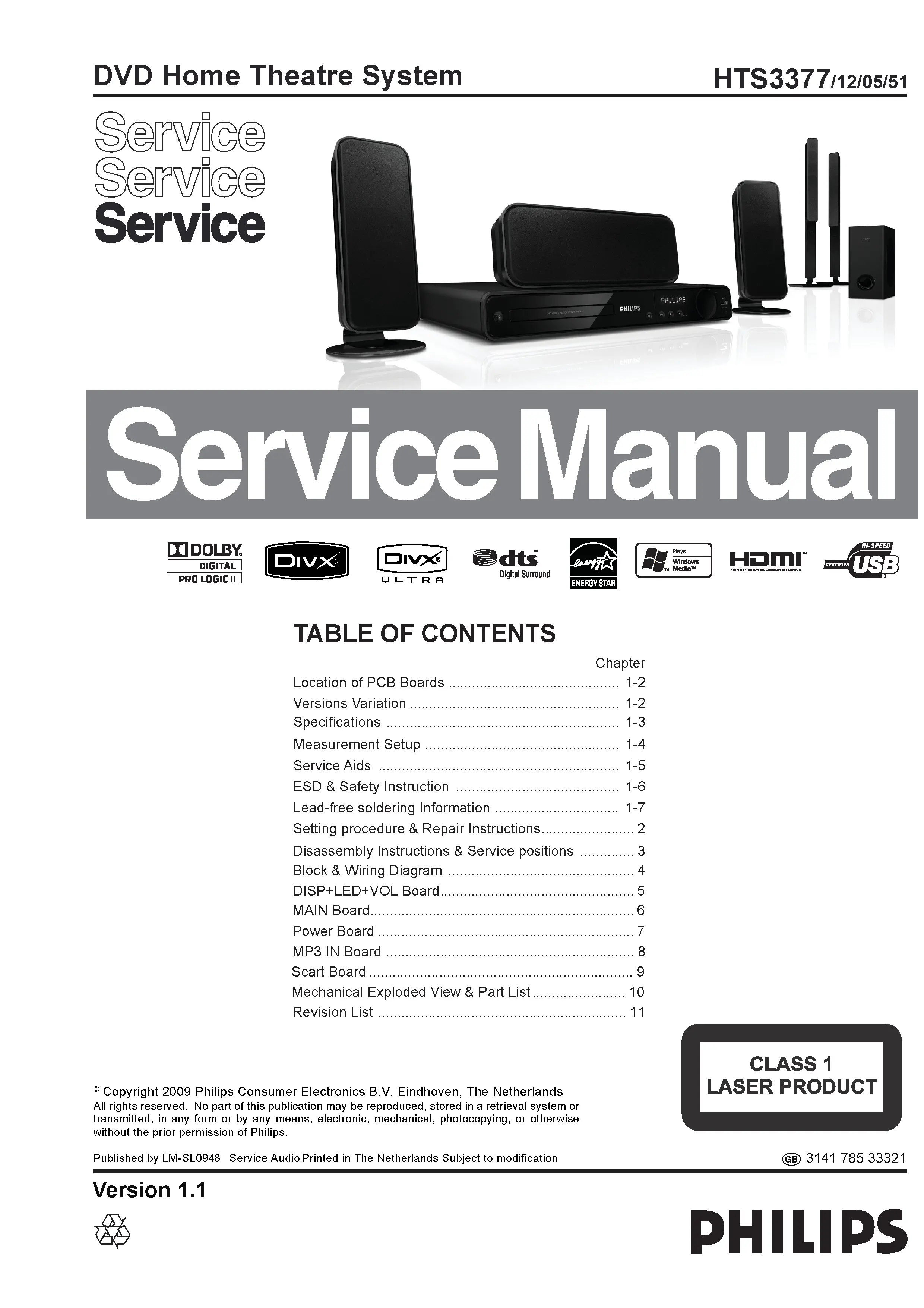 Philips hts3377 service manual cover with picture of the device, model type and number, table of contents, manual version and publication year.
