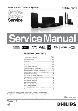 Philips hts3377w service manual cover with picture of the device, model type and number, table of contents, manual version and publication year.