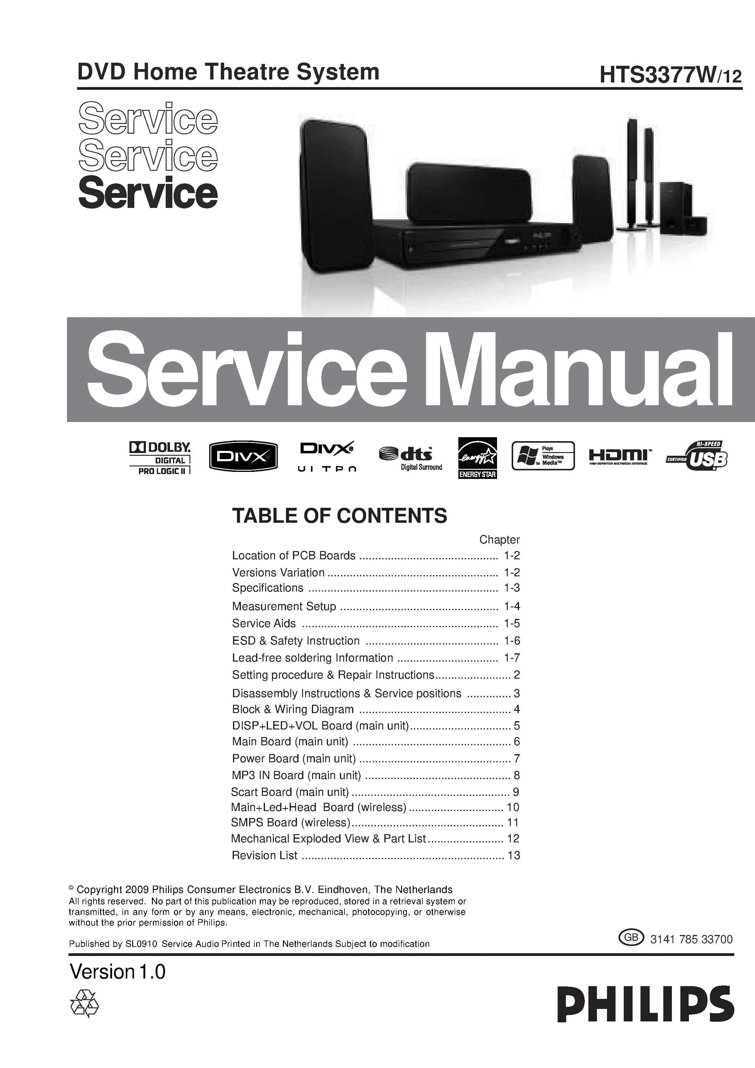 Philips hts3377w service manual cover with picture of the device, model type and number, table of contents, manual version and publication year.