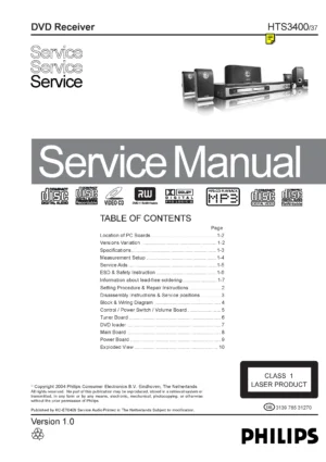 Philips hts3400 service manual cover with picture of the device, model type and number, table of contents, manual version and publication year.