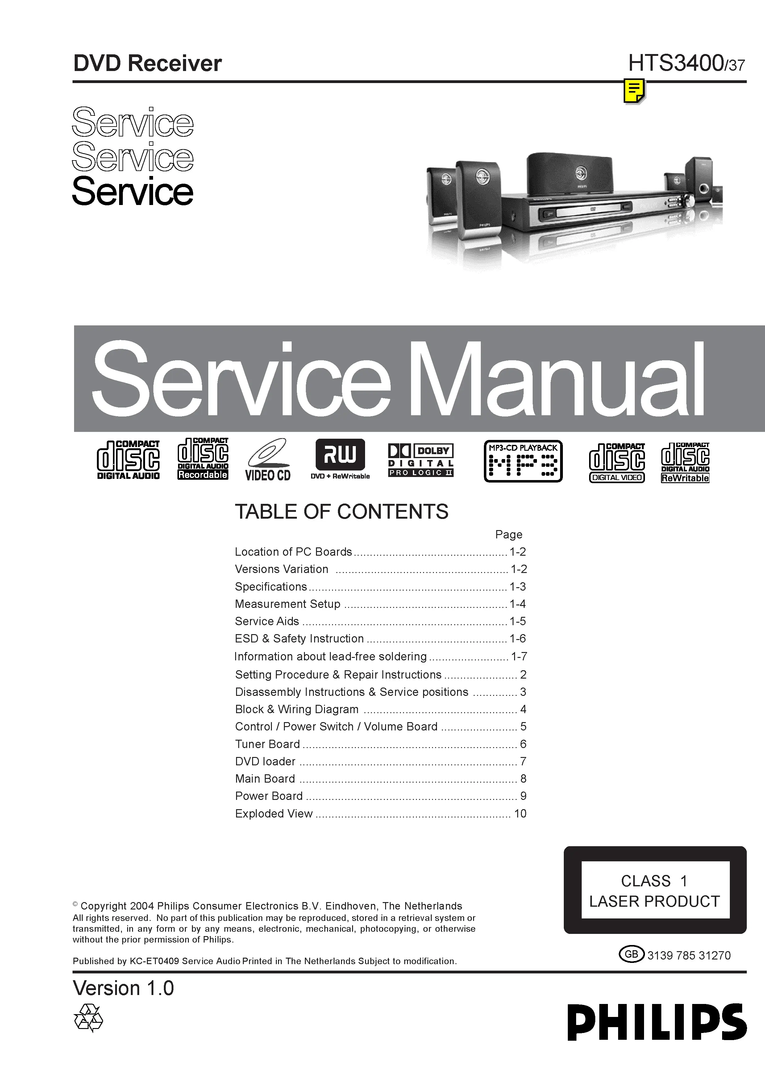 Philips hts3400 service manual cover with picture of the device, model type and number, table of contents, manual version and publication year.