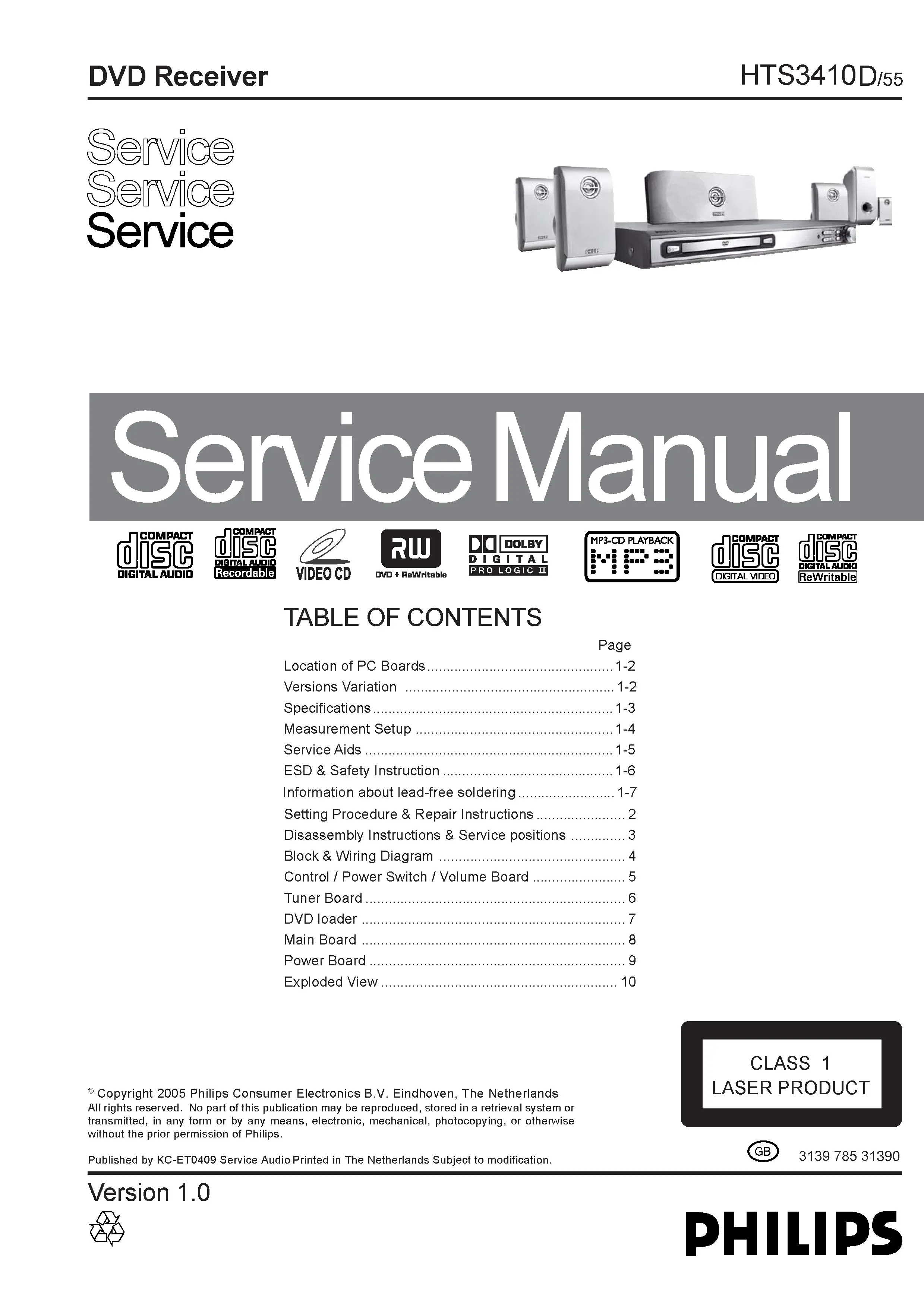 Philips hts3410d service manual cover with picture of the device, model type and number, table of contents, manual version and publication year.
