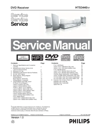 Philips hts3440 service manual cover with picture of the device, model type and number, table of contents, manual version and publication year.