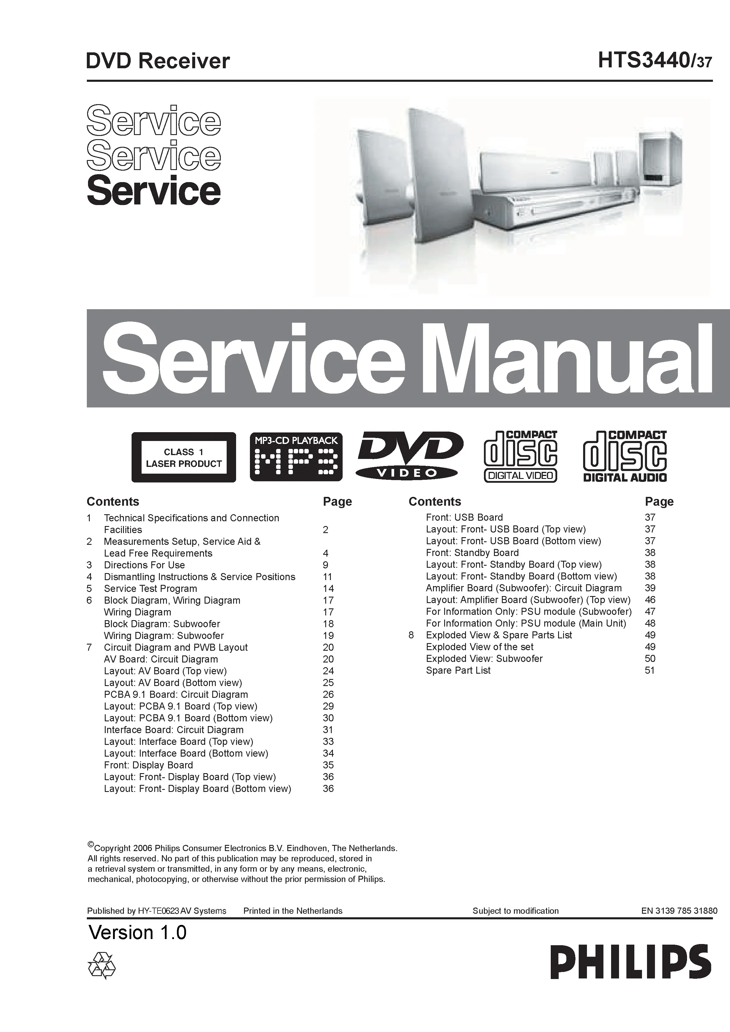 Philips hts3440 service manual cover with picture of the device, model type and number, table of contents, manual version and publication year.