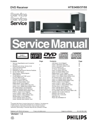 Philips hts3450 service manual cover with picture of the device, model type and number, table of contents, manual version and publication year.