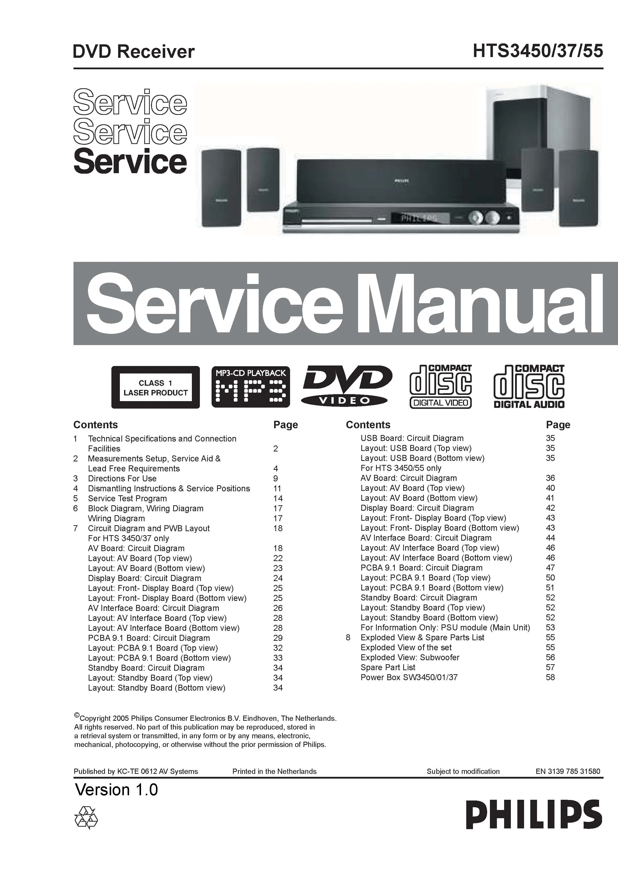 Philips hts3450 service manual cover with picture of the device, model type and number, table of contents, manual version and publication year.