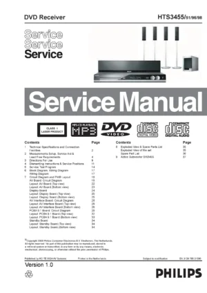 Philips hts3455 service manual cover with picture of the device, model type and number, table of contents, manual version and publication year.