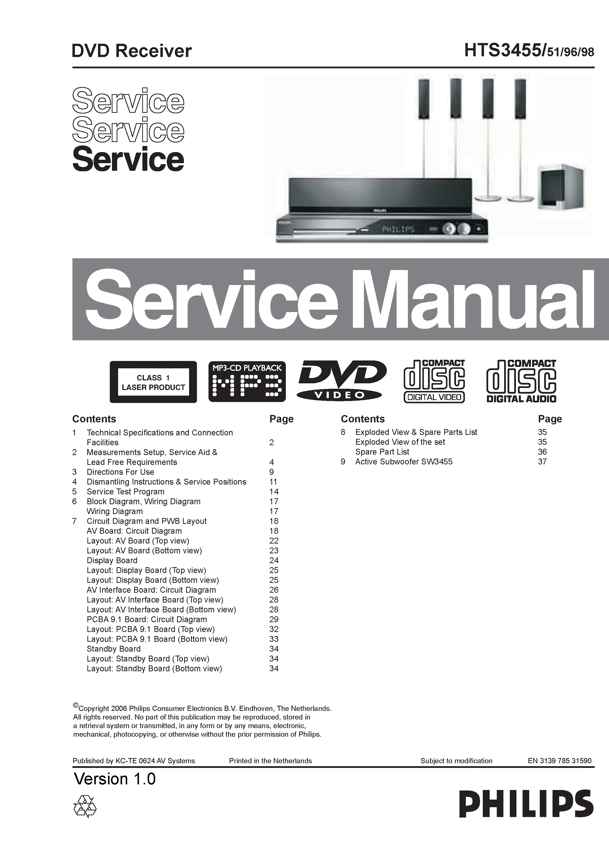 Philips hts3455 service manual cover with picture of the device, model type and number, table of contents, manual version and publication year.