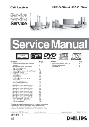 Philips hts3500k service manual cover with picture of the device, model type and number, table of contents, manual version and publication year.