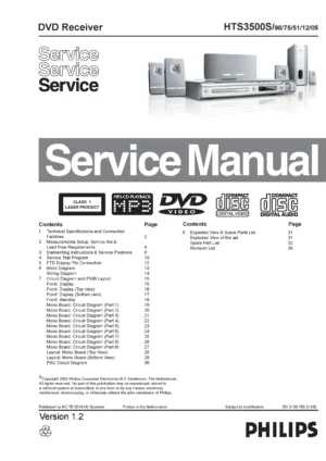 Philips hts3500s service manual cover with picture of the device, model type and number, table of contents, manual version and publication year.