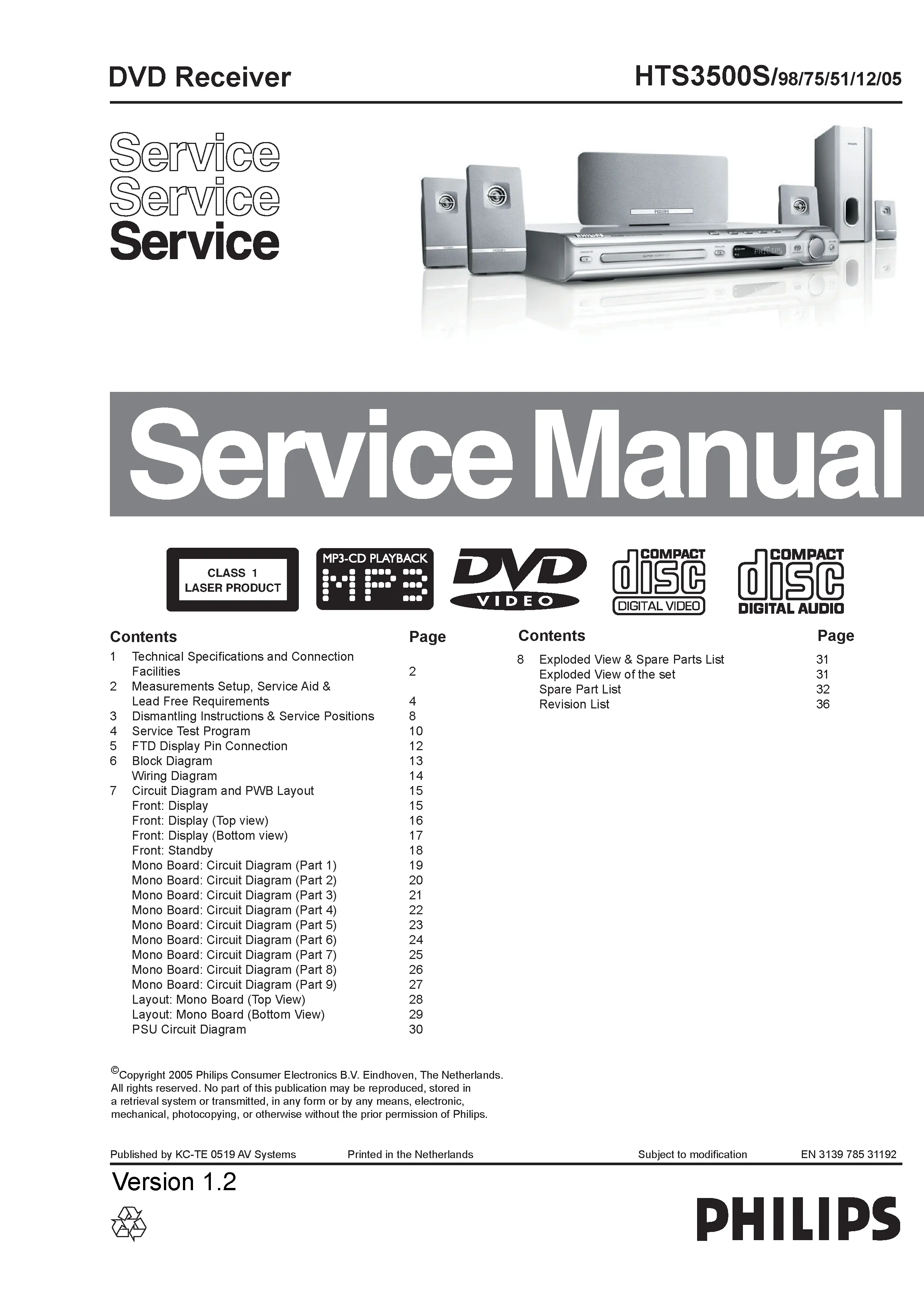 Philips hts3500s service manual cover with picture of the device, model type and number, table of contents, manual version and publication year.