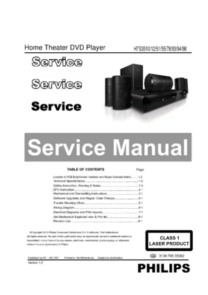Philips hts3510 service manual cover with picture of the device, model type and number, table of contents, manual version and publication year.