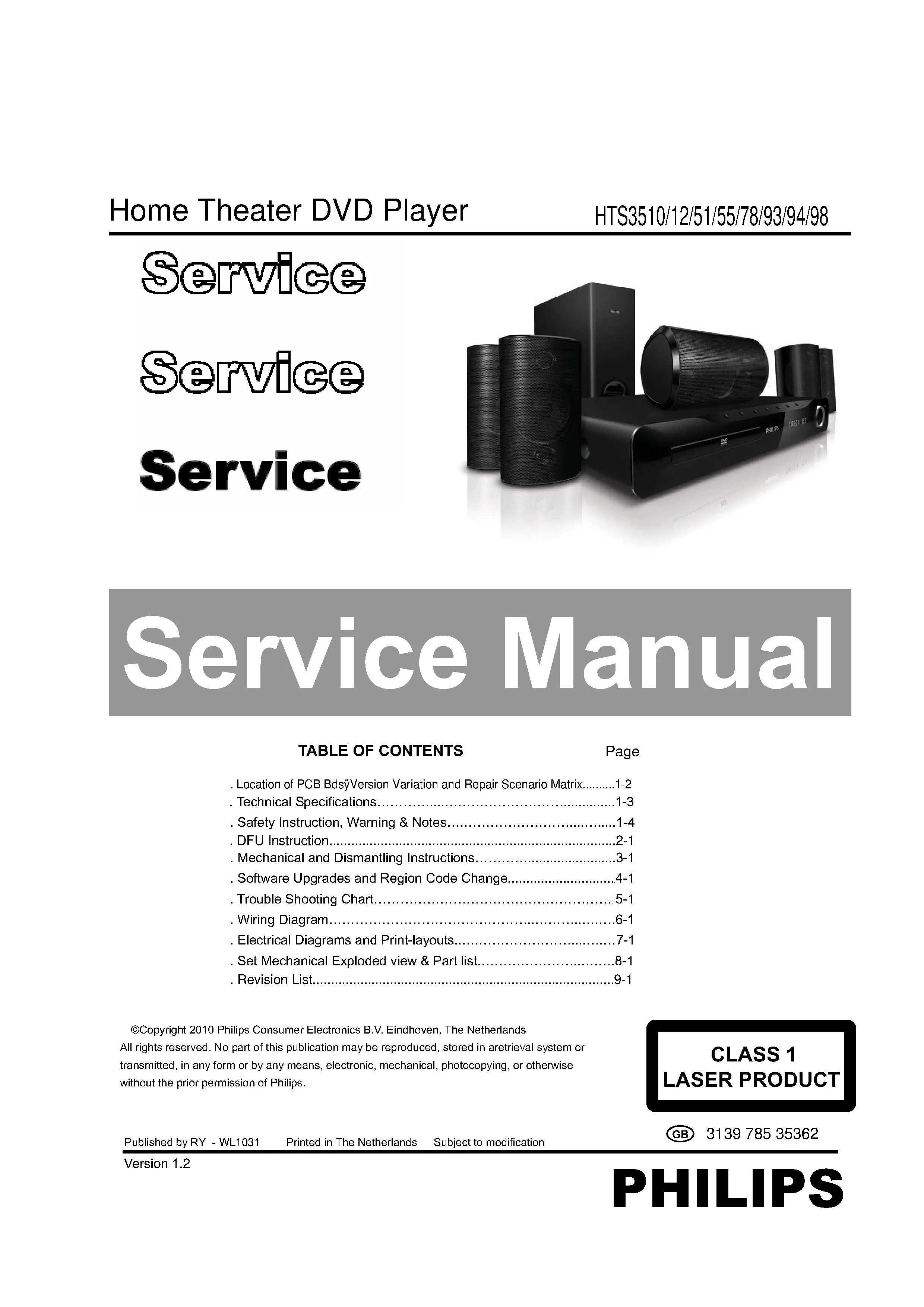 Philips hts3510 service manual cover with picture of the device, model type and number, table of contents, manual version and publication year.