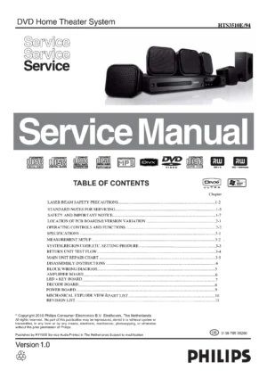 Philips hts3510e service manual cover with picture of the device, model type and number, table of contents, manual version and publication year.