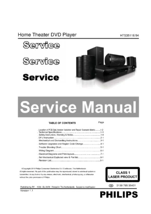Philips hts3511e service manual cover with picture of the device, model type and number, table of contents, manual version and publication year.
