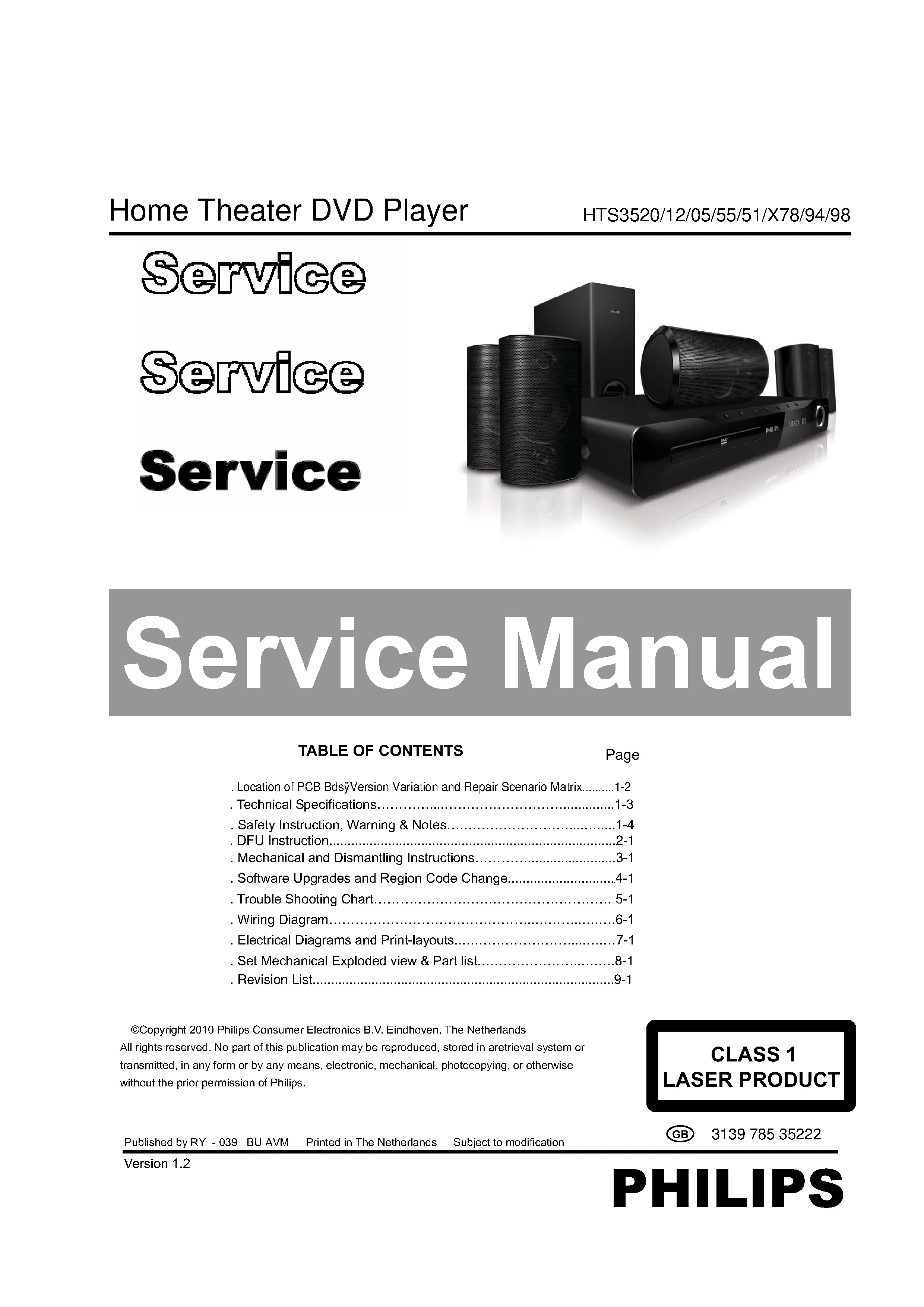 Philips hts3520 service manual cover with picture of the device, model type and number, table of contents, manual version and publication year.
