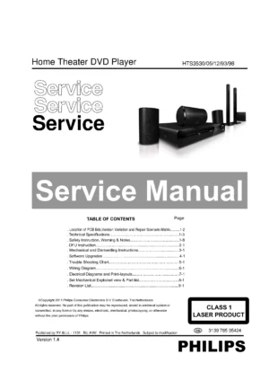 Philips hts3530 service manual cover with picture of the device, model type and number, table of contents, manual version and publication year.