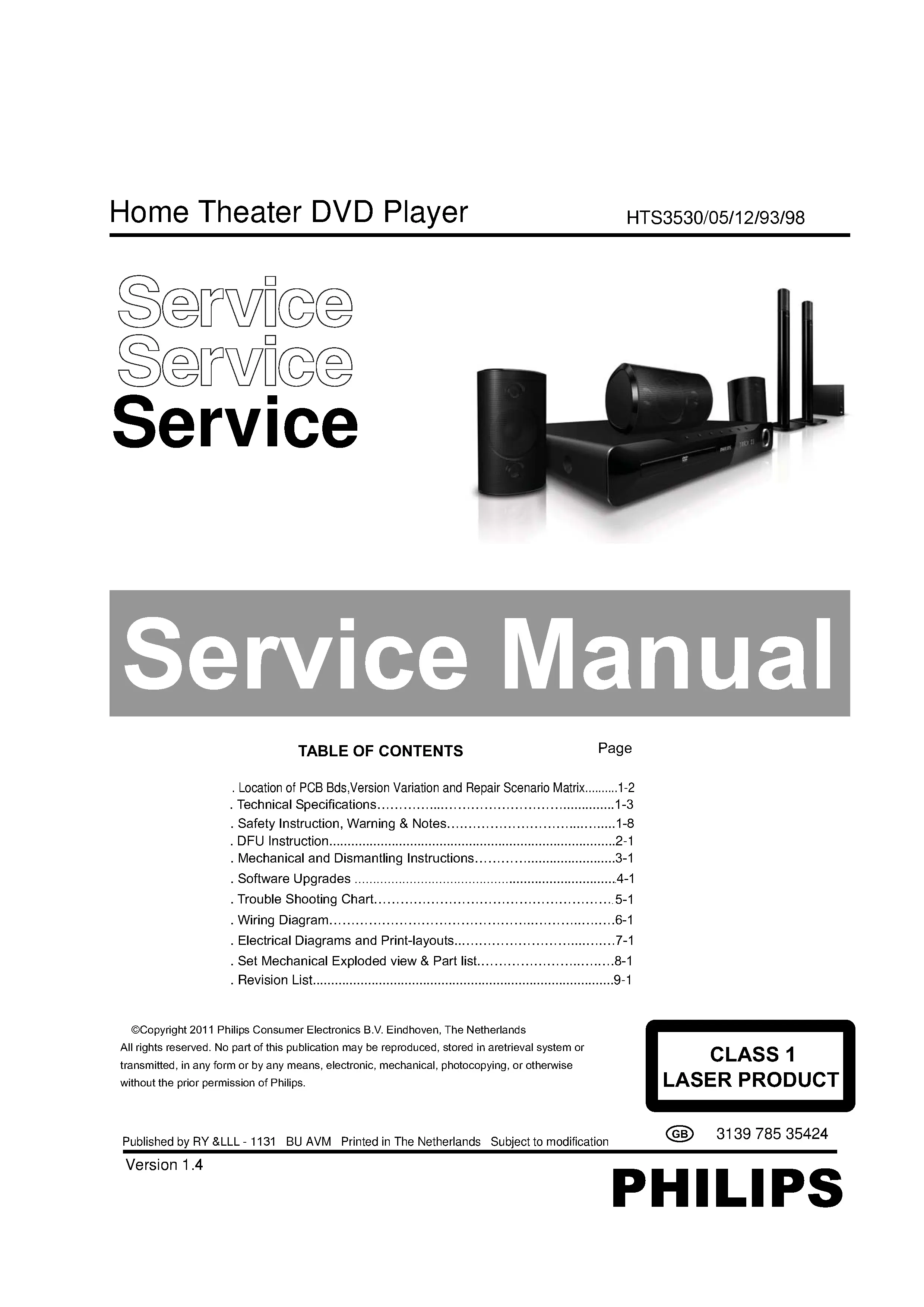 Philips hts3530 service manual cover with picture of the device, model type and number, table of contents, manual version and publication year.
