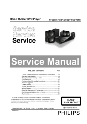 Philips hts3531 service manual cover with picture of the device, model type and number, table of contents, manual version and publication year.