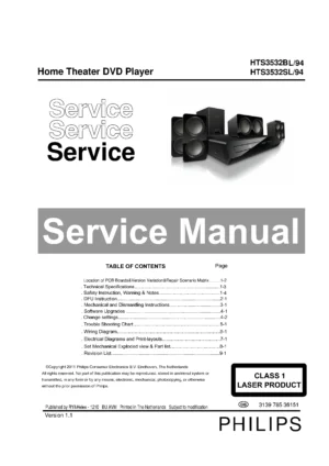Philips hts3532bl hts3532sl service manual cover with picture of the device, model type and number, table of contents, manual version and publication year.