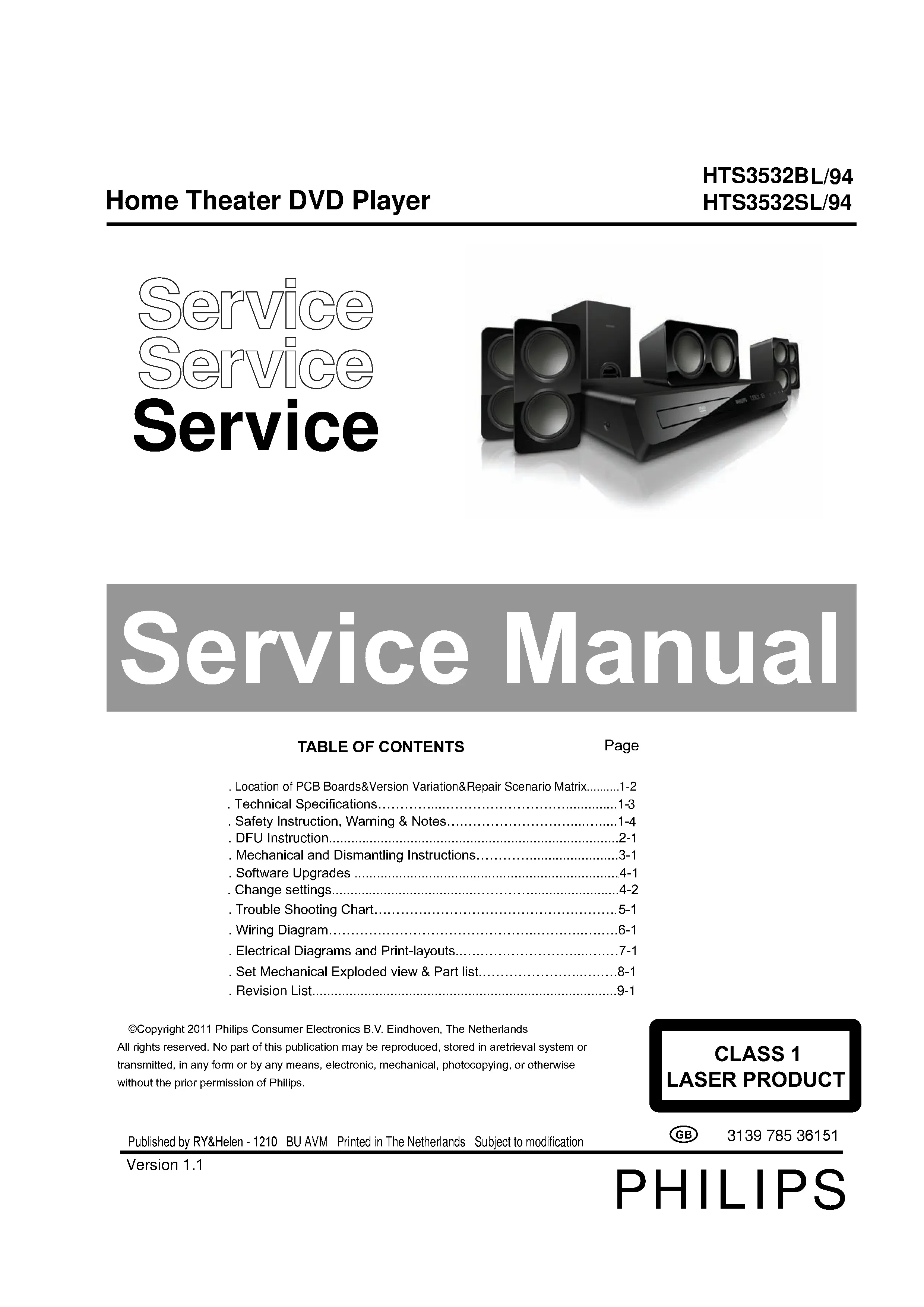 Philips hts3532bl hts3532sl service manual cover with picture of the device, model type and number, table of contents, manual version and publication year.